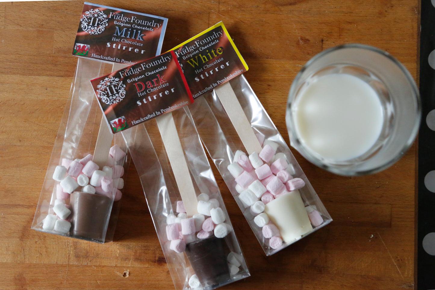 A TRIO OF BELGIAN  CHOCOLATE - HOT CHOCOLATE STIRRER with Mini Marshmallows